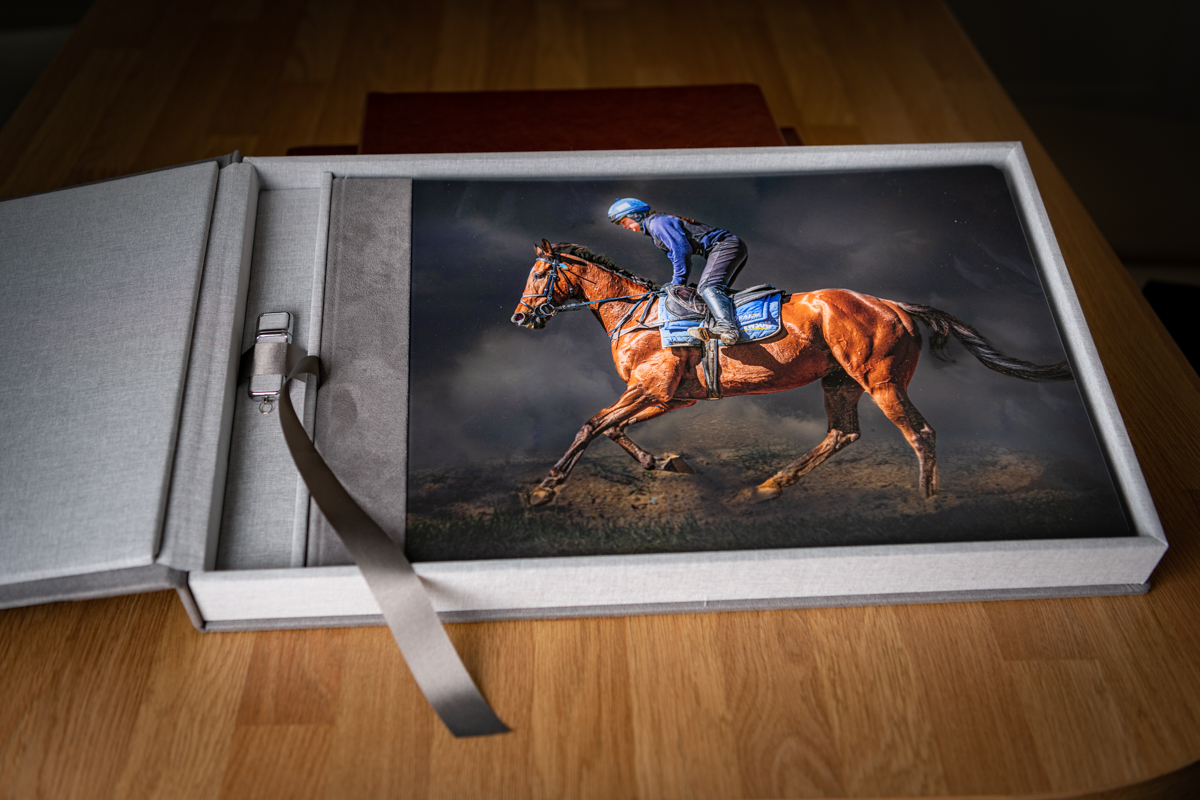 Acrylic Prestige Album box open showing glossy cover plate on album and matching memory stick